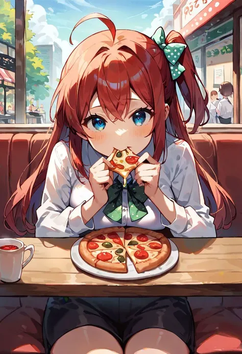 score_9, score_8_up, score_7_up, source_anime, sakura minamoto, blue eyes, long hair, red hair, one side up, hair bow, green bow, red bow, ahoge, polka dot, polka dot bow,
black shorts, cafe, pov, sitting, eating pizza
