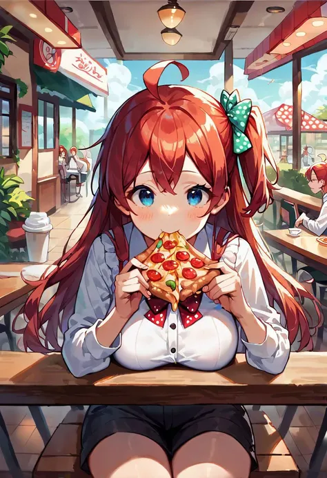 score_9, score_8_up, score_7_up, source_anime, sakura minamoto, blue eyes, long hair, red hair, one side up, hair bow, green bow, red bow, ahoge, polka dot, polka dot bow,
black shorts, cafe, pov, sitting, eating pizza