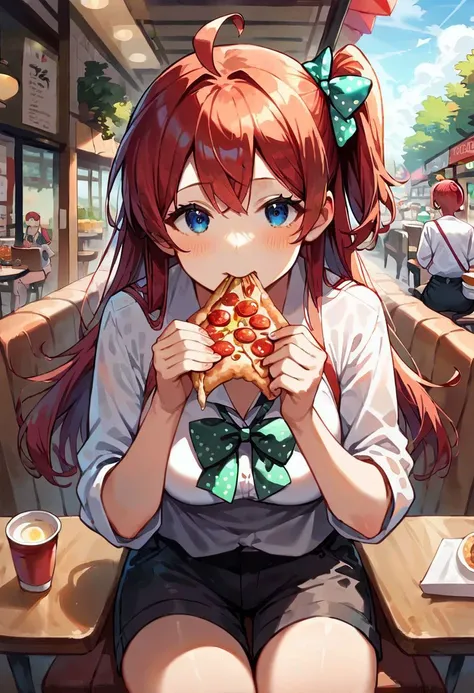 score_9, score_8_up, score_7_up, source_anime, sakura minamoto, blue eyes, long hair, red hair, one side up, hair bow, green bow, red bow, ahoge, polka dot, polka dot bow,
black shorts, cafe, pov, sitting, eating pizza