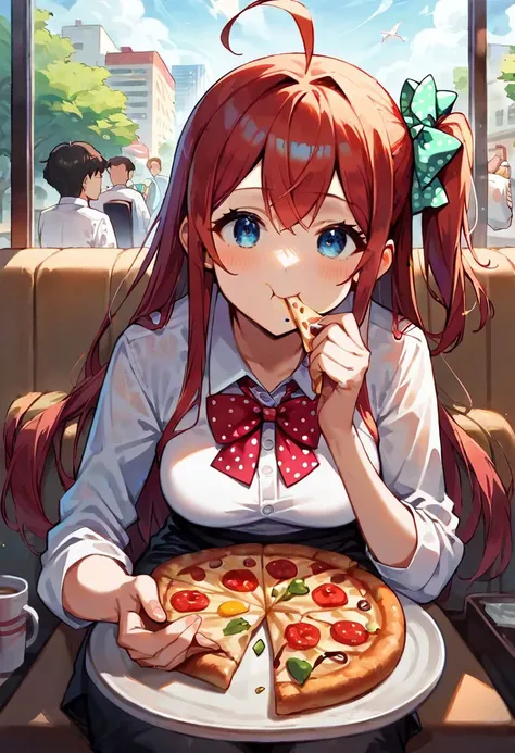 score_9, score_8_up, score_7_up, source_anime, sakura minamoto, blue eyes, long hair, red hair, one side up, hair bow, green bow, red bow, ahoge, polka dot, polka dot bow,
black shorts, cafe, pov, sitting, eating pizza