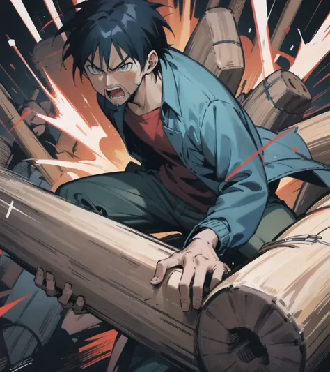 <lora:Akira_LoRA_AdamW_Dim64_Alpha32_5e-5_12batch_CosineAnnealingLR_NAI:0.8> akira_miyamoto, 1boy, black hair, short hair, white pupils, stubble, jacket, long sleeves, pants,beard,angry,
holding_log,(log:1.2)
