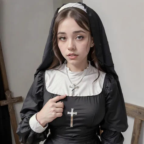 (8k resolution:1.1), (solo:1.5), (masterpiece:1.3), (High definition:1.1), (ultra quality:2.0), (crisp:1.1), (sharp:1.1), (Reality:1.6), (Dynamic Angle:1.3). scene: (full body, solo, (AIDA_MalPo:0.95)) blushing face, (single hair bun:1) (cute,), perfect glistening skin, (wearing modest nuns habit cross necklace long sleeves black dress :1.3). (location: spanish mission:1.4)  ,<lora:nun_cos_v10:0.6>