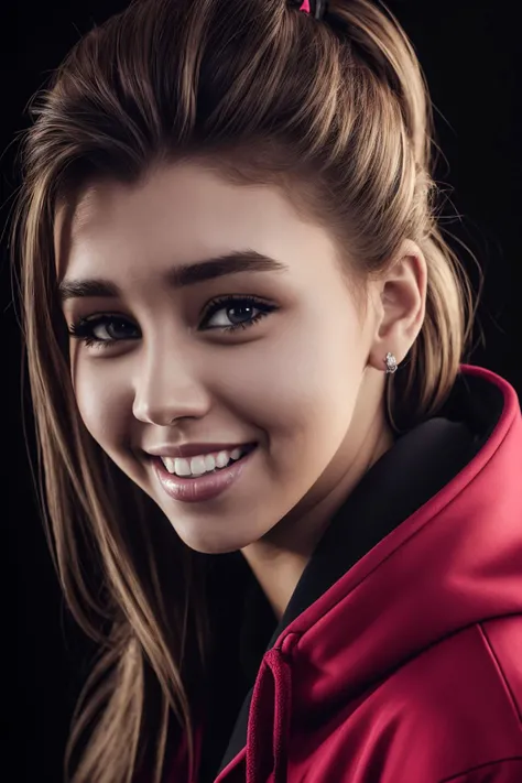 best quality, extra resolution, close up portrait of AIDA_MalPo as cute girl, pretty face, naughty, funny, happy, smiling, smiling with open mouth, perfect teeth, playful, intimate, flirting with camera, whearing hoody, cinematic, studio photo, kkw-ph1, (colorful:1.1), (dark theme:1.1) <lora:LowRA:0.2>, (black background:1.3)