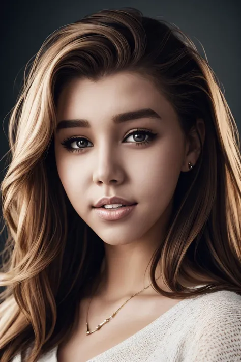 best quality, extra resolution, close up portrait of AIDA_MalPo as cute girl, stunning beauty, pretty face, , funny, happy, playful, intimate,  with camera, whearing sweater, cinematic, studio photo, kkw-ph1, (dark theme:1.1) <lora:LowRA:0.2>