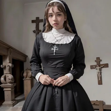 (8k resolution:1.1), (solo:1.5), (masterpiece:1.3), (High definition:1.1), (ultra quality:2.0), (crisp:1.1), (sharp:1.1), (Reality:1.6), (Dynamic Angle:1.3). scene: (full body, solo, (AIDA_MalPo:0.95)) blushing face, (single hair bun:1) (cute,), perfect glistening skin, (wearing modest nuns habit cross necklace long sleeves black dress :1.3). (location: spanish mission:1.4)  ,<lora:nun_cos_v10:0.6>