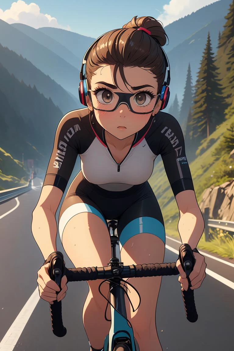 (masterpiece, best quality), 1girl, Ash Brown High Fade with Quiff, Sizes M to Z breasts, <lora:girllikeroadbike:1> riding a road bike, downhill, steep slope, eye shield, headphones, cycling shorts, wind, speed lines effect