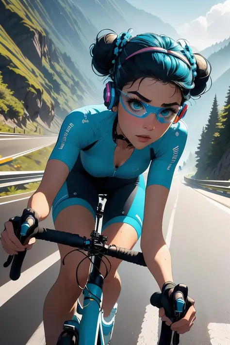 (masterpiece, best quality), 1girl,  Azure Side-Swept Updo with Twisted Detail, Sizes M to Z breasts,  <lora:girllikeroadbike:1> riding a road bike, downhill, steep slope, eye shield, headphones, cycling shorts, wind, speed lines effect