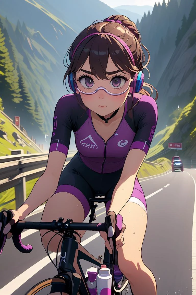 (masterpiece, best quality), 1girl, Grape Dutch Braid Ponytail, small breasts, <lora:girllikeroadbike:1> riding a road bike, downhill, steep slope, eye shield, headphones, cycling shorts, wind, speed lines effect
