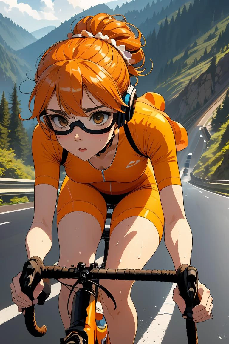 (masterpiece, best quality), 1girl, Pumpkin orange Pinned-Back Half-Updo with Hair Accessories, Size G breasts, <lora:girllikeroadbike:1> riding a road bike, downhill, steep slope, eye shield, headphones, cycling shorts, wind, speed lines effect