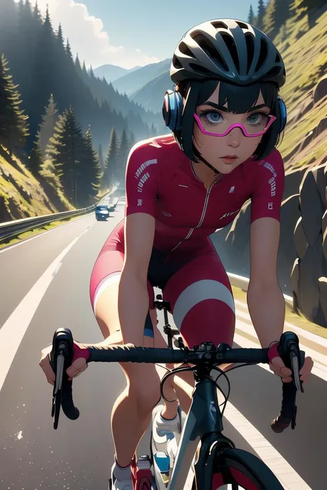 (masterpiece, best quality), 1girl,  Iris Bob Cut, Size C breasts,  <lora:girllikeroadbike:1> riding a road bike, downhill, steep slope, eye shield, headphones, cycling shorts, wind, speed lines effect