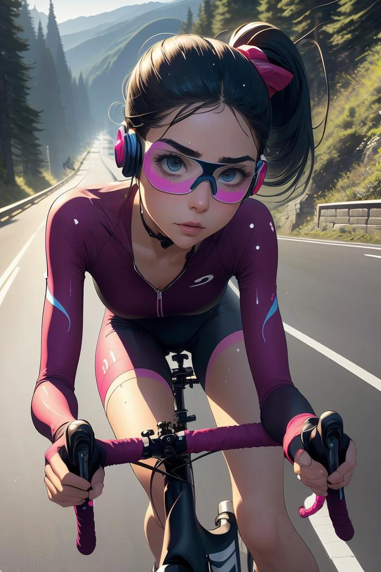 (masterpiece, best quality), 1girl, Slate Twisted High Ponytail, Size DD breasts, <lora:girllikeroadbike:1> riding a road bike, downhill, steep slope, eye shield, headphones, cycling shorts, wind, speed lines effect