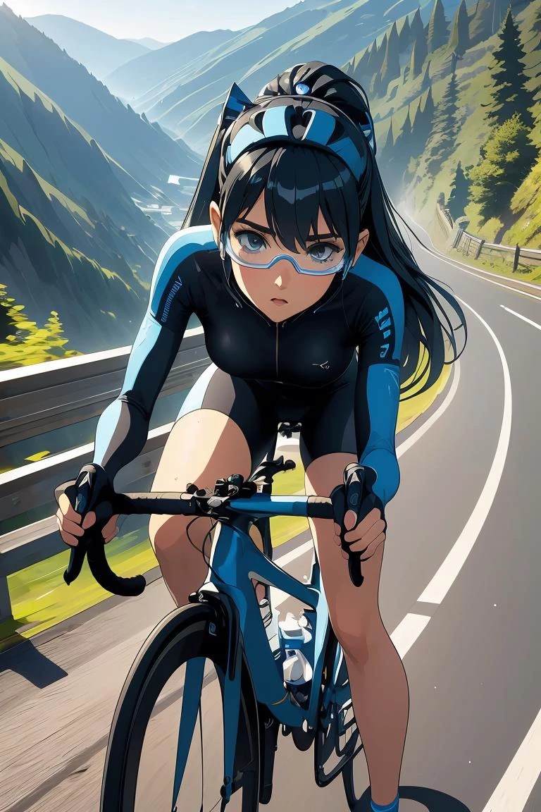 (masterpiece, best quality), 1girl, Cornflower blue Sleek Side Part, Size C breasts, <lora:girllikeroadbike:1> riding a road bike, downhill, steep slope, eye shield, headphones, cycling shorts, wind, speed lines effect