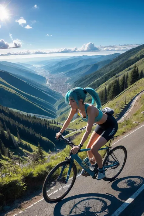 hatsune miku, blue twin tail hair, blue eyes, tank top, midriff, bike shorts, looking serious, blush, side view, riding a downhill road bike,hands on handlebar, steep slope, outside, blue sky, high quality, masterpiece, <lora:girllikedownhill:.8>