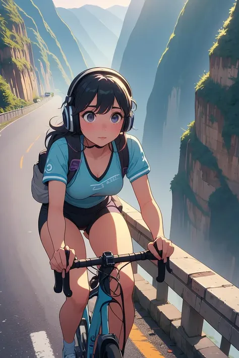 (masterpiece, best quality), 1girl,Soft Lavender Side Swept Bangs, Size DD breasts,  <lora:girllikeyungasroad:1> closeup, riding a road bike, handlebar, yungas road, downhill, cliff, steep slope, headphones, backpack