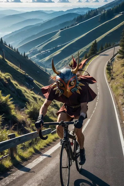 Skull ???, mask, robes, gloves, riding a uphill road bike, hands on handlebar, steep slope,outside, road,high quality, masterpiece, <lora:girllikeuphill:.8> <lora:SkullKid:0.8>