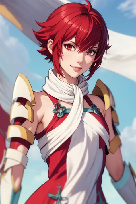 masterpiece, best quality, hinoka, short dress, white scarf, shoulder armor, vambraces, red gloves, upper body, looking at viewer, smile<lora:hinoka-nvwls-v1-final:0.9>