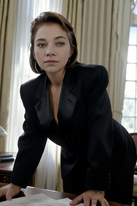 (RAW, analogue, Nikon Z 14mm ultra-wide angle lens, award-winning glamour photograph, ((best quality)), ((masterpiece)), ((realistic)), skin pores, subsurface scattering, radiant light rays, high-res, detailed facial features, high detail, sharp focus, smooth, aesthetic, extremely detailed, (extremely detailed eyes, extremely detailed iris), extremely detailed hair, extremely detailed skin, extremely detailed clothes, octane render, photorealistic, realistic, post-processing, max detail, realistic shadows, roughness, natural skin texture, real life, ultra-realistic, photorealism, photography, 8k UHD, photography, hdr, intricate, elegant, highly detailed, sharp focus, stunning, beautiful, gorgeous), (photorealistic), (realistic), ju5tin3b4t3m4n in a suit, (black blazer1.2), standing in front of a desk, full body, indoors, oval office, white house, windows, upper body, morning, bright, photorealistic, realistic, detailed eyes, intricate face, high contrast, <lora:Justine_Bateman_PMv1_Lora:1.3>,