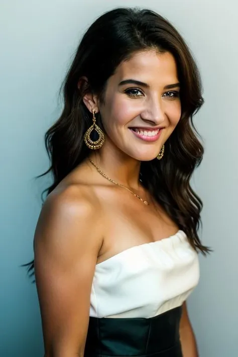 Realistic photo of a beautiful c0b13sm woman, 1girl, solo, long hair, breasts, looking at viewer, smile, simple background, black hair, white background, dress, bare shoulders, brown eyes, jewelry, medium breasts, upper body, earrings, teeth, sleeveless, dark skin, white dress, grin, dark-skinned female, lips, realistic, nose, soft lighting, professional Photography, Photorealistic, detailed, RAW, analog, sharp focus, 8k, HD, DSLR, high quality, Fujifilm XT3, film grain, award winning, masterpiece<lora:c0b13sm:1.0>