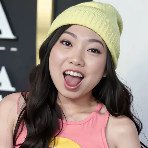 picture of awkwafina, mouth open, ((sticking out tongue)), pink tanktop, yellow beanie <lora:awkwafina:0.8>
