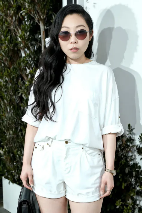 award winning, highest quality, photo of awkwafina, hourglass figure, wearing white tshirt and huge, oversized aviator styled glasses, full body <lora:awkwafina:0.9>