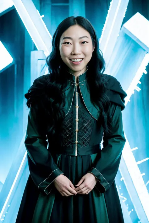 award winning, highest quality, photo of awkwafina with an evil grin, hourglass body, dressed as a wizard, in a dark castle, (dark photo:1.2), rim lighting, full body <lora:awkwafina:0.9>