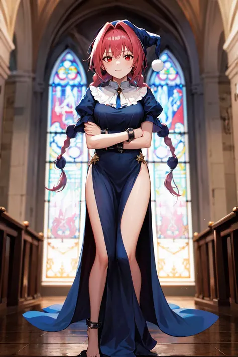 masterpiece, best quality, highres, hmdo1, 1girl, hat, red eyes, twin braids, medium breasts, wrist cuffs, blue dress, jewelry, short sleeves, side slit, <lora:dorothy_v1:0.7>, crossed arms, standing, church, looking at viewer
