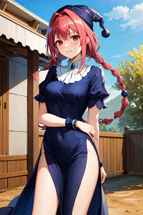 masterpiece, best quality, highres, hmdo1, 1girl, hat, red eyes, twin braids, wrist cuffs, blue dress, jewelry, short sleeves, side slit, medium breasts, <lora:dorothy_v1:0.7>, standing, cowboy shot, outdoors,