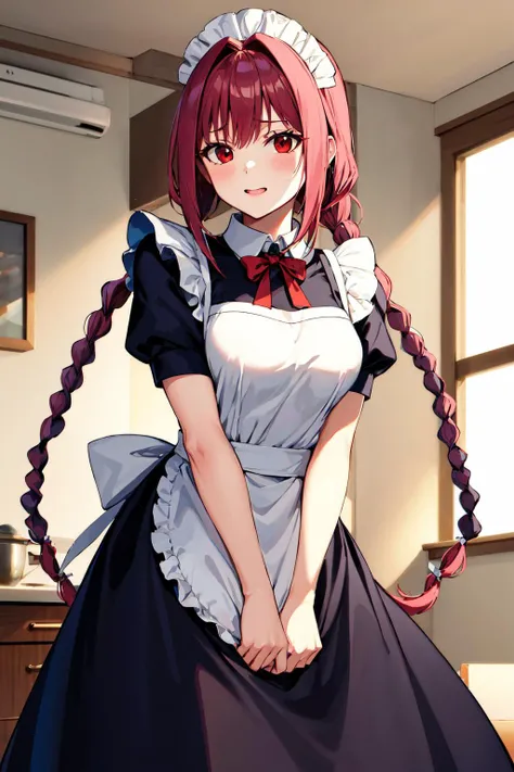 masterpiece, best quality, highres, hmdo1, 1girl, red eyes, twin braids, medium breasts, <lora:dorothy_v1:0.7>, maid headdress, maid, apron, indoors,