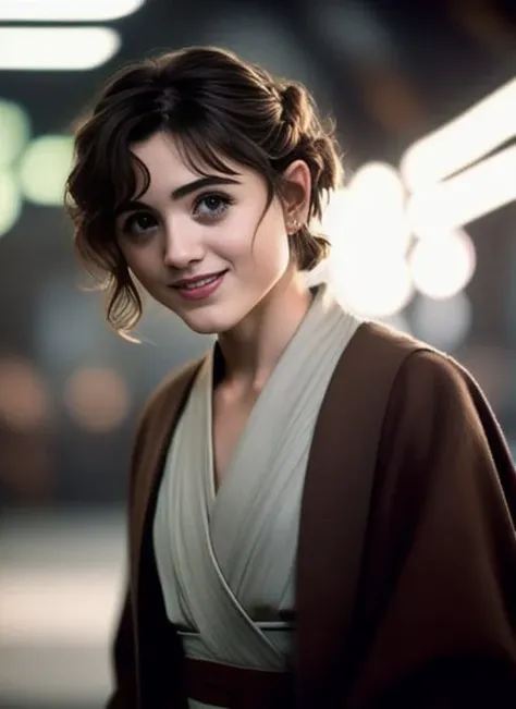 Portrait of nataliadyer, dressed in a Jedi robe, Star Wars, at the Jedi Temple, smiling, long hair, pretty, ambient lighting, 4k