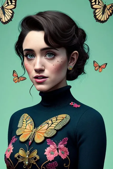 full body portrait of a gorgeous young nataliadyer, A highly detailed and hyper realistic lisa frank, trending on artstation, butterflies, floral, sharp focus, studio photo, intricate details, highly detailed, by Tvera and wlop and artgerm, alberto seveso and geo2099 style