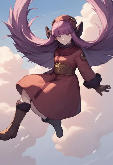 score_9, score_8_up, score_7_up, source_anime,  1girl, flying, smile, closed mouth, looking at you, <lora:zs_MohShuvuuXL:1> mohshuvuusmt, hat, purple hair, long hair, blunt bangs, coat, fur trim, boots, gloves, sky, cloud