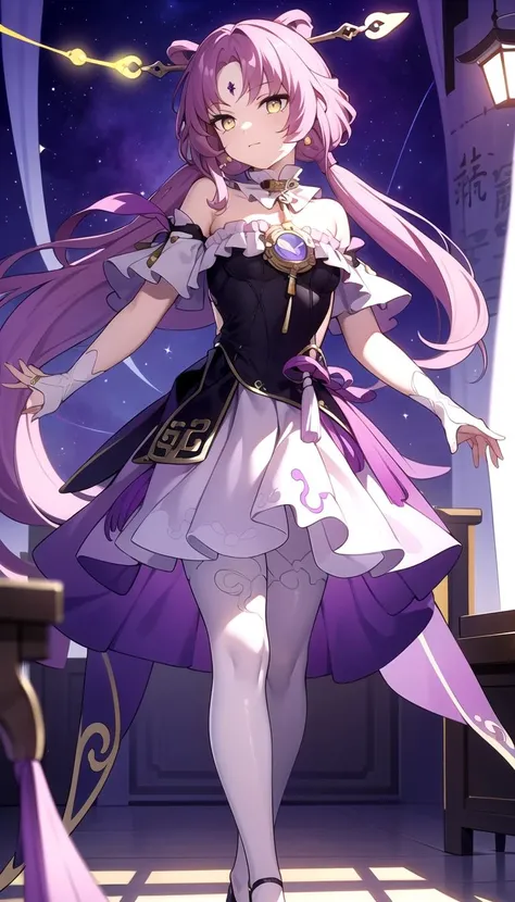 Walking, Purple theme, masterpiece, best quality, <lyco:fuxuan:0.7>, (Fuxuan:1.0), (Yellow purple eyes), Dress