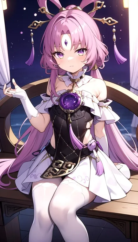 Sitting, Purple theme, masterpiece, best quality, <lyco:fuxuan:0.7>, (Fuxuan:1.0), Dress, Yellow eyes, purple eyes, Orange+purple eyes, White skirt