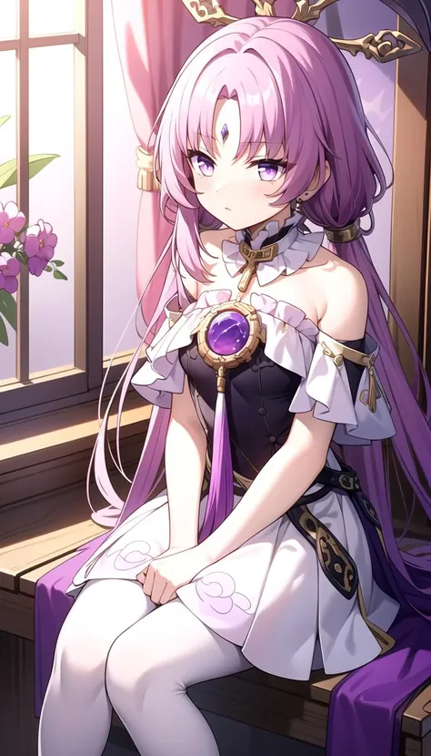 Sitting, Purple theme, masterpiece, best quality, <lyco:fuxuan:0.7>, (Fuxuan:1.0), Dress, Yellow eyes, purple eyes, Orange+purple eyes, White skirt