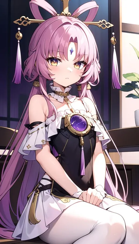 Sitting, Purple theme, masterpiece, best quality, <lyco:fuxuan:0.7>, (Fuxuan:1.0), Dress, Yellow eyes, purple eyes