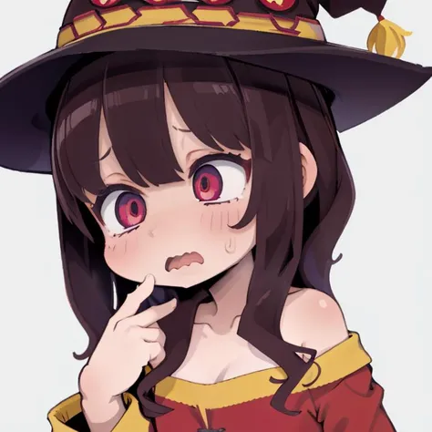 best quality, <lora:hawawa:0.8>, hawawa, 1girl, sweatdrops, wavy mouth,  looking at viwer, forhead, short hair,  back lighting,   low angle, upper body, simple background, wavy mouth, open mouth,  ultra_detailed:1.2, blush , surprised,   hand up,  megumin, witch hat,  <lora:megumin_type2:0.7>,