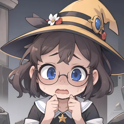masterpiece, best quality,
1girl, solo, (portrait:1.2), face focus, straight on, looking at viewer, leaning back, witch, black dress, witch hat, 
hands on own face, 
brown hair, short hair, glasses,
fantasy, stone walls, alchemy lab, potions,
<lora:hawawa:0.5> hawawa, sweatdrop, wavy mouth, disappointment, fear, @_@, surprised,