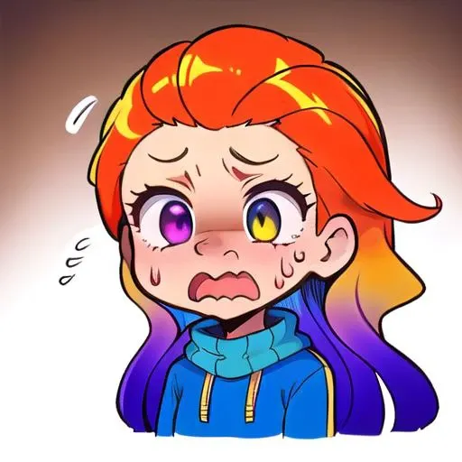 hawawa, (disheveled hair),[orange hair:purple buttom hair:0.8],forehead,zoe,long hair,multicolored hair,blue and purple  eyes,
,heterochromia,(colored inner hair:1.1),(gradient hair:1.1),[:purple hair:0.8],sweatdrop, wavy mouth, disappointment, fear, @_@, surprised,