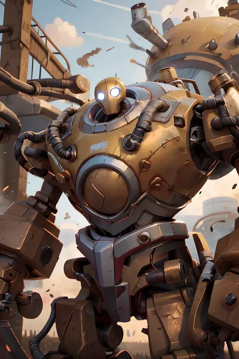 cowboy shot,realistic,best quality,masterpiece,realistic,<lora:more_details:0.3>,blitzcrank,robot,mecha armor,mecha,solo,looking at viewer,upper body,cowboy shot,industrial,machinery,<lora:BlitzcrankV2:0.8>,<lora:Alex:0.2>,
