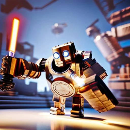 blitzcrank, solo, full body, industrial, (masterpiece:1.2, best quality), <lora:BlitzcrankV2-000024:0.6>,MCwrld,intricate details, fighting, <lora:light_saber_v2:1>, light_saber in hand,holding light_saber