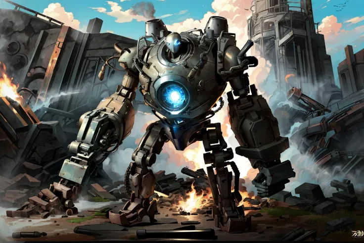 (masterpiece:1.4), (best quality:1.4), (high resolution:1.4),official art,  <lora:gatling_gun_lora01:0.7>, gatling gun, gun,shell casing,  bangs,firing, extreme detailed,highest detailed,optical mixing, unique visual effect,   <lora:BlitzcrankV2-000024:0.7>,blitzcrank,robot,mecha, steampunk, outdoors, ruins,