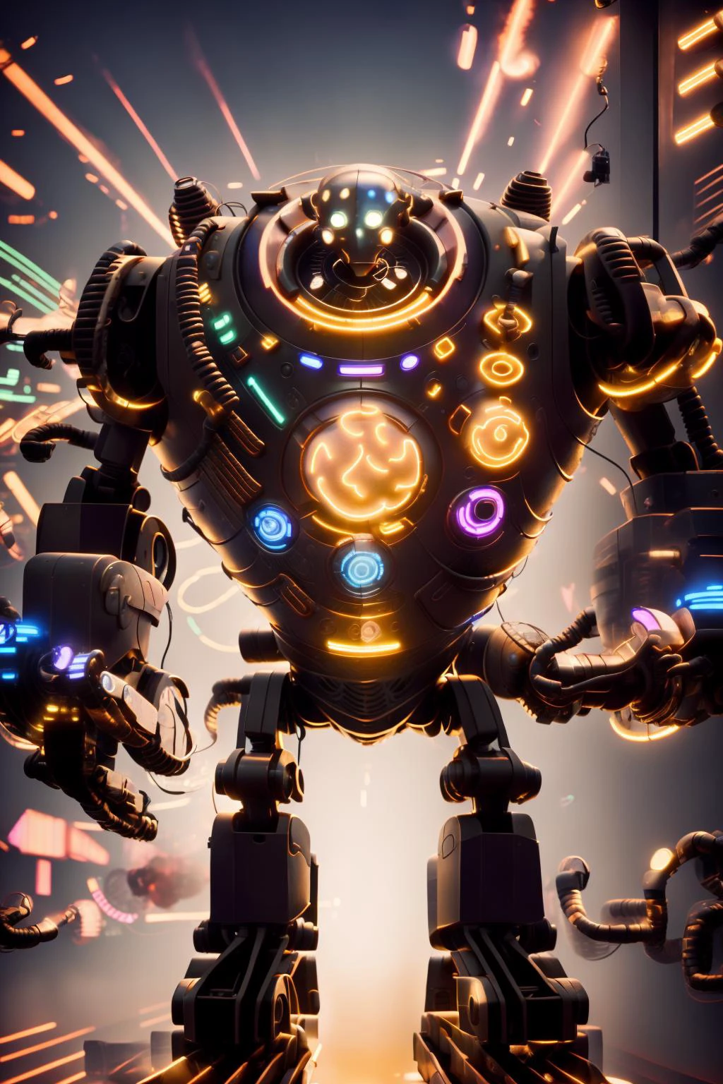 neonlight\(ttp\),blitzcrank, robot, mecha armor, mecha, solo, looking at viewer, full body, cowboy shot, industrial, machinery, (masterpiece:1.2, best quality), <lora:BlitzcrankV2-000024:0.8>, <lora:Neonpunkai-8:1>, Neonpunkai, <lora:neonlight_V1_loha_upload:1.0>