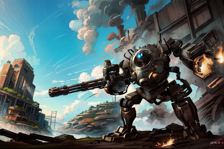 (masterpiece:1.4), (best quality:1.4), (high resolution:1.4),official art, <lora:gatling_gun_lora01:0.7>, gatling gun, gun,shell casing, bangs,firing, extreme detailed,highest detailed,optical mixing, unique visual effect, <lora:BlitzcrankV2-000024:0.7>,blitzcrank,robot,mecha, steampunk, outdoors, ruins,