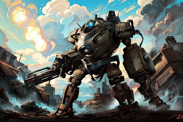 (masterpiece:1.4), (best quality:1.4), (high resolution:1.4),official art, <lora:gatling_gun_lora01:0.7>, gatling gun, gun,shell casing, bangs,firing, extreme detailed,highest detailed,optical mixing, unique visual effect, <lora:BlitzcrankV2-000024:0.7>,blitzcrank,robot,mecha, steampunk, outdoors, ruins,