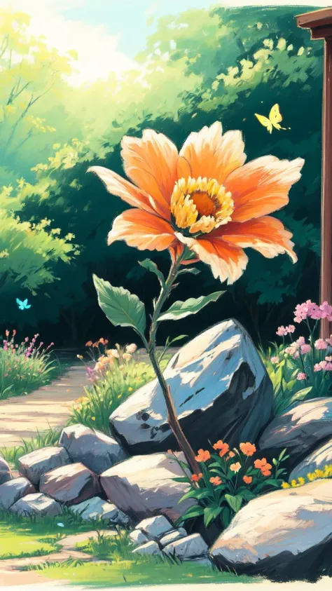 (masterpiece, best quality:1.2), no humans, outdoors, botanical park, flowers, plants, rock, petals, tranquil, healing, therapeutic, natural beauty, butterfly sanctuary