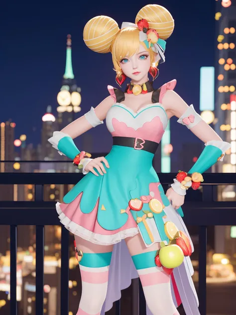 WZRYsunshangxiangSGTX, 1girl, solo, blonde hair, bow,blue eyes, jewelry, hair ornament, double bun, hair bow, earrings, dress, hand on hip, striped thighhighs,fruit, wrist cuffs, belt, <lora:WZRYsunshangxiangSGTX:0.75>,mature female, cityscape, night, looking at viewer,