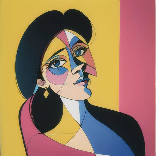 cubism, 1girl, solo, earrings, chair, jewelry, sitting, black hair, facepaint, nail polish, 1980s (style), <lora:cubism-20_v4:0.8>