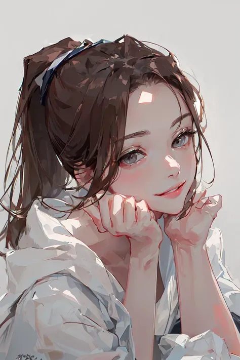 masterpiece, intricate detail,best quality, <lora:BM94199:0.8>1girl, solo, smile, looking at viewer, white background, brown hair, simple background, portrait, grey eyes, long hair, ponytail, closed mouth, lips, head rest