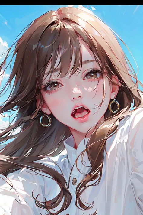 images above the bust, beautiful woman, make-up, amorous and lewd face, lift your chin, open your eyes and look up at the sky, mouth half open, sighing, messy hair, wearing loose size clothing, great proportion, (ultra detailed, absolutely resolution, best quality:1.3), 2.5D, delicate and dynamic, portrait art, foggy effects, glitter effects