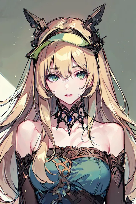 masterpiece, intricate detail,best quality, <lora:BM94199:0.8>1girl, solo, long hair, visor cap, bare shoulders, sketch, parted lips, green eyes, blonde hair, upper body, looking at viewer, dress, strapless